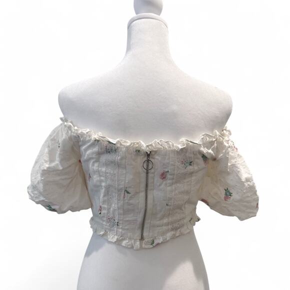 FOR LOVE & LEMONS Rainey Crop Top IVORY XS Eyelet Puff Sleeve Lace-Up - Picture 7 of 9